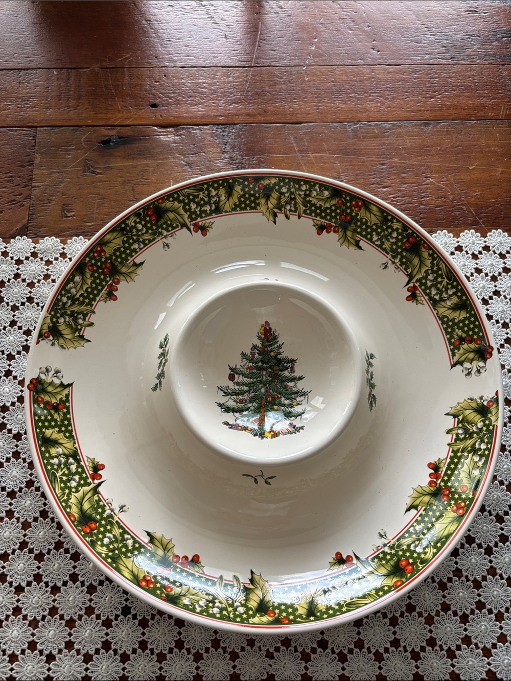 Spode Christmas Tree Chip & Dip Serving Bowl - Green/Red